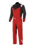 Alpinestars Kart Indoor Anzug, Kartrennanzug, Rot und Schwarz mit weißen Akzenten, schwarze Ärmel und obere Brustpartie, roter Torso und Beine, mit asymmetrischer Frontöffnung und verstellbarem Taillengürtel