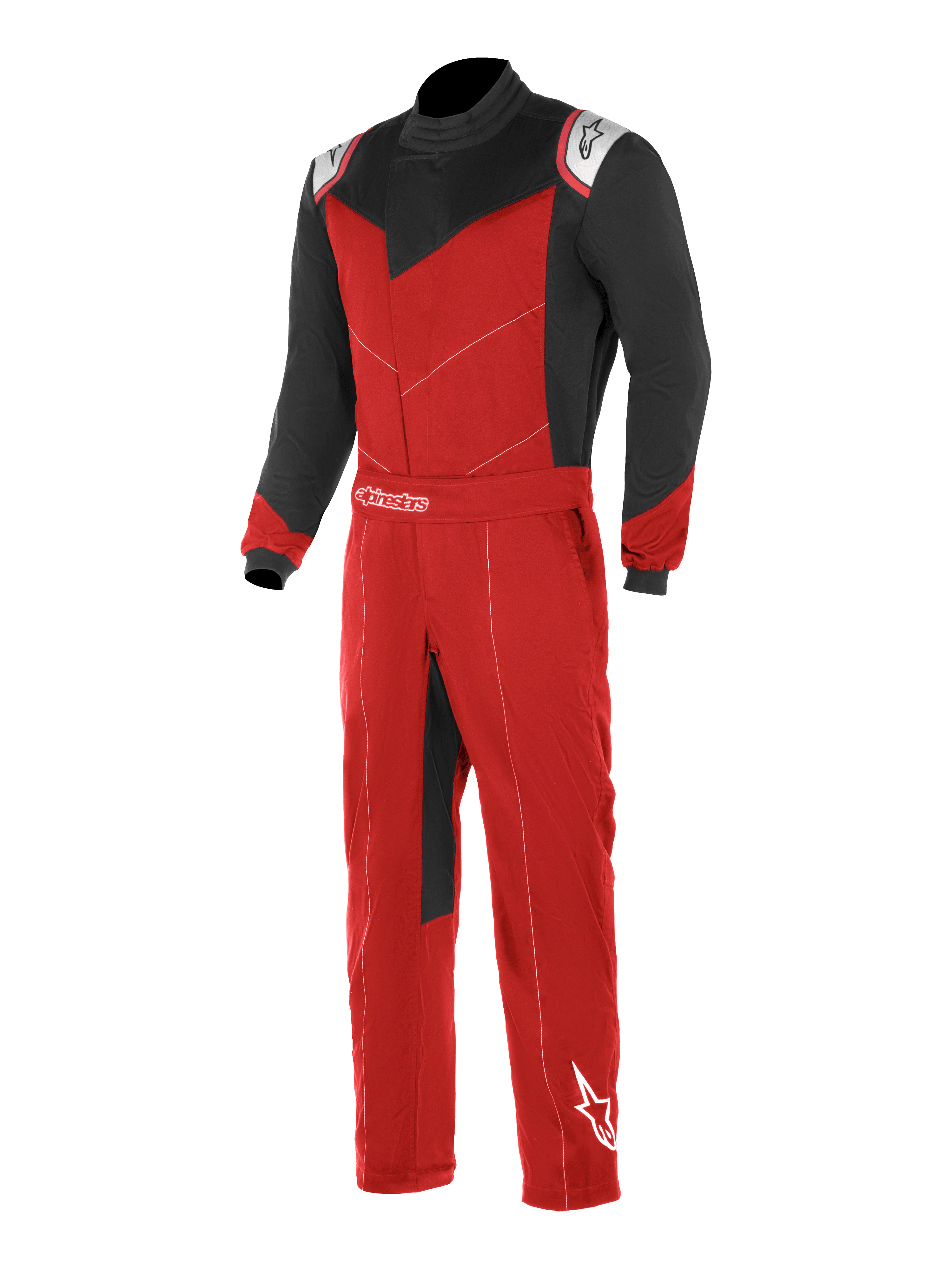 Alpinestars Kart Indoor Anzug, Kartrennanzug, Rot und Schwarz mit weißen Akzenten, schwarze Ärmel und obere Brustpartie, roter Torso und Beine, mit asymmetrischer Frontöffnung und verstellbarem Taillengürtel