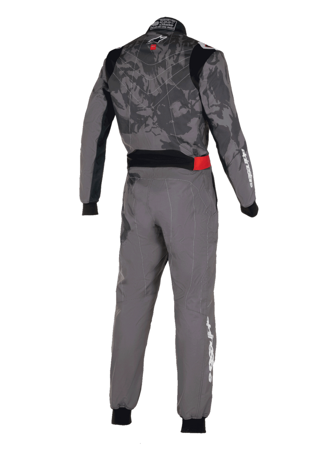 Alpinestars KMX-9 V3 Graphic 5 Anzug, Kart-Anzug, Dunkelgrau und Schwarz, Rückansicht mit Camouflage-Grafikmuster auf dem Torso, rotem Taillenakzent und weißem Alpinestars-Branding an Ärmel und Bein