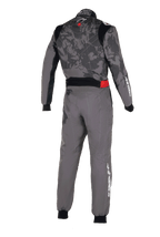 Alpinestars KMX-9 V3 Graphic 5 Anzug, Kart-Anzug, Dunkelgrau und Schwarz, Rückansicht mit Camouflage-Grafikmuster auf dem Torso, rotem Taillenakzent und weißem Alpinestars-Branding an Ärmel und Bein