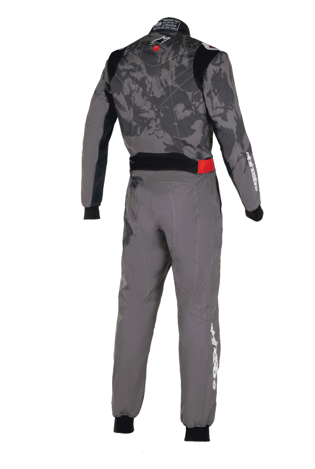 Alpinestars KMX-9 V3 Graphic 5 Anzug, Kart-Anzug, Dunkelgrau und Schwarz, Rückansicht mit Camouflage-Grafikmuster auf dem Torso, rotem Taillenakzent und weißem Alpinestars-Branding an Ärmel und Bein