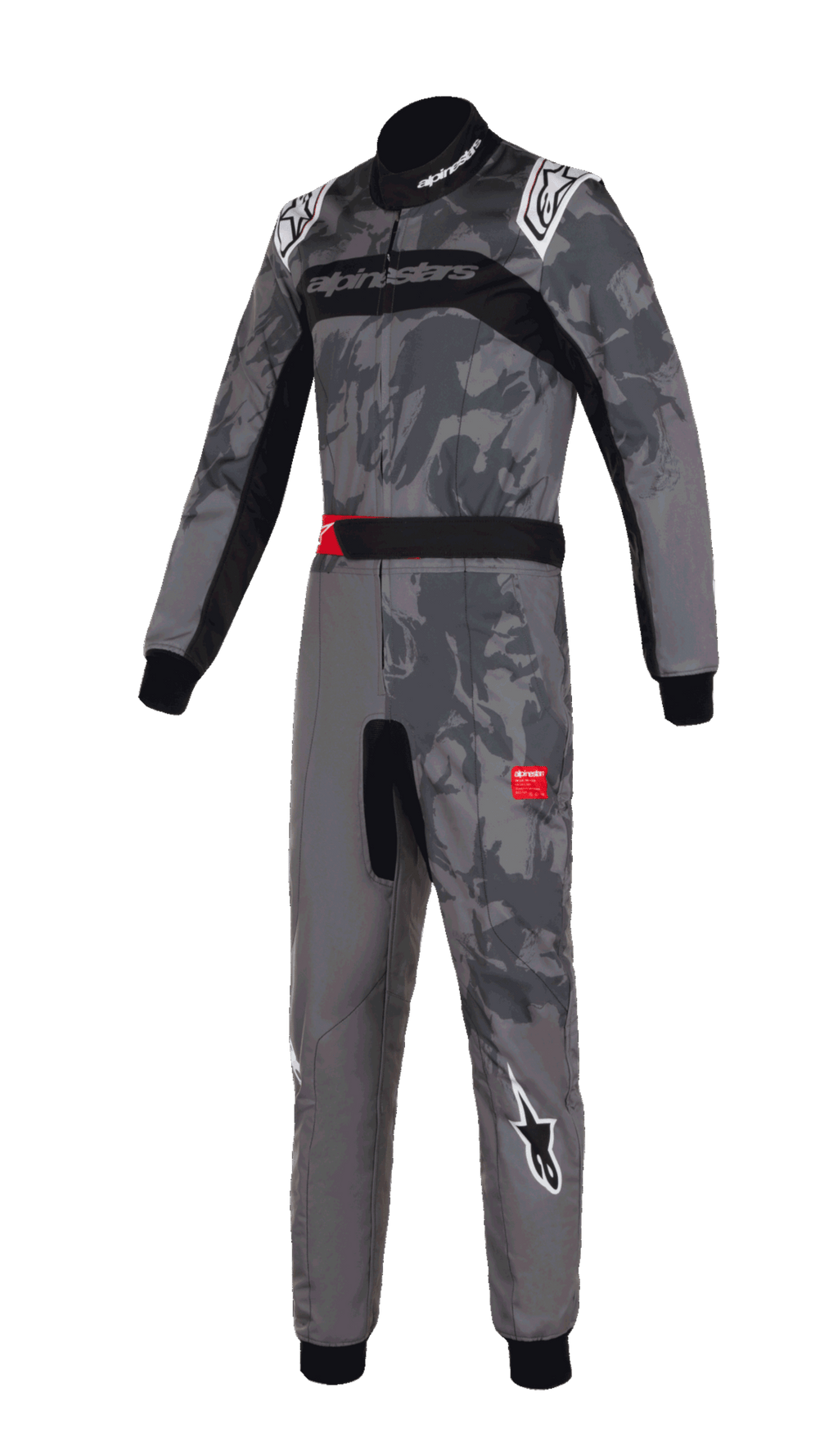 Alpinestars KMX-9 V3 Graphic 5 Anzug, Karting-Anzug, dunkelgraue und schwarze Camouflage-Grafik, mit weißen Alpinestars-Logos an den Schultern und Beinen, schwarze Stretcheinsätze, rote Akzente am Gürtel, professionelles einteiliges Design für den Motorsport-Rennsport