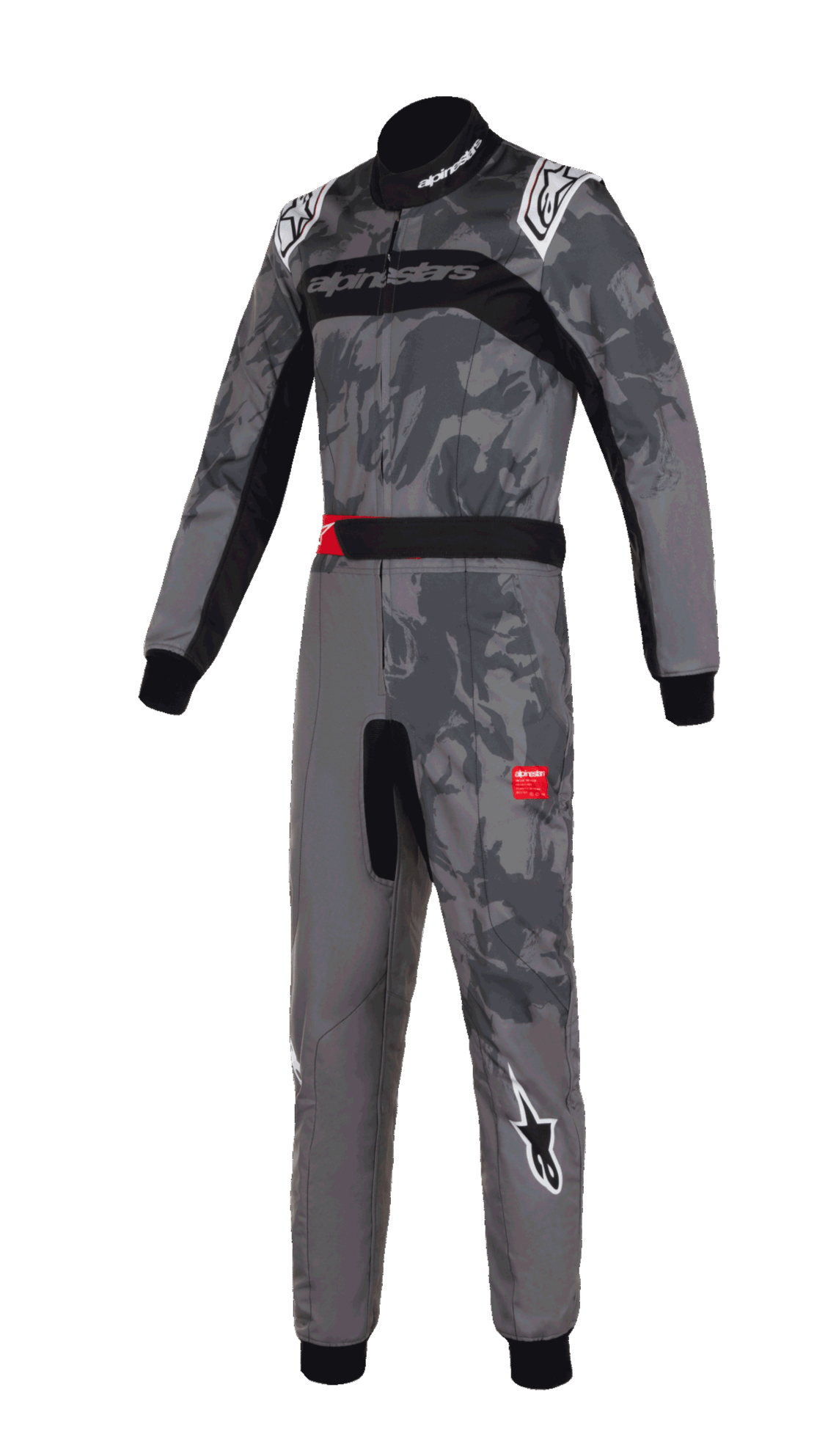 Alpinestars KMX-9 V3 Graphic 5 Anzug, Karting-Anzug, dunkelgraue und schwarze Camouflage-Grafik, mit weißen Alpinestars-Logos an den Schultern und Beinen, schwarze Stretcheinsätze, rote Akzente am Gürtel, professionelles einteiliges Design für den Motorsport-Rennsport