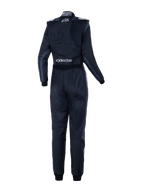 Alpinestars Stella GP Pro Comp V2 Damen-Rennanzug - FIA, Rückansicht, Black Asphalt und Weiß, mit weißen Stella- und Alpinestars-Logos, professioneller Auto-Rennanzug mit Schulterklappen und anatomischer Panel-Konstruktion für Damen.