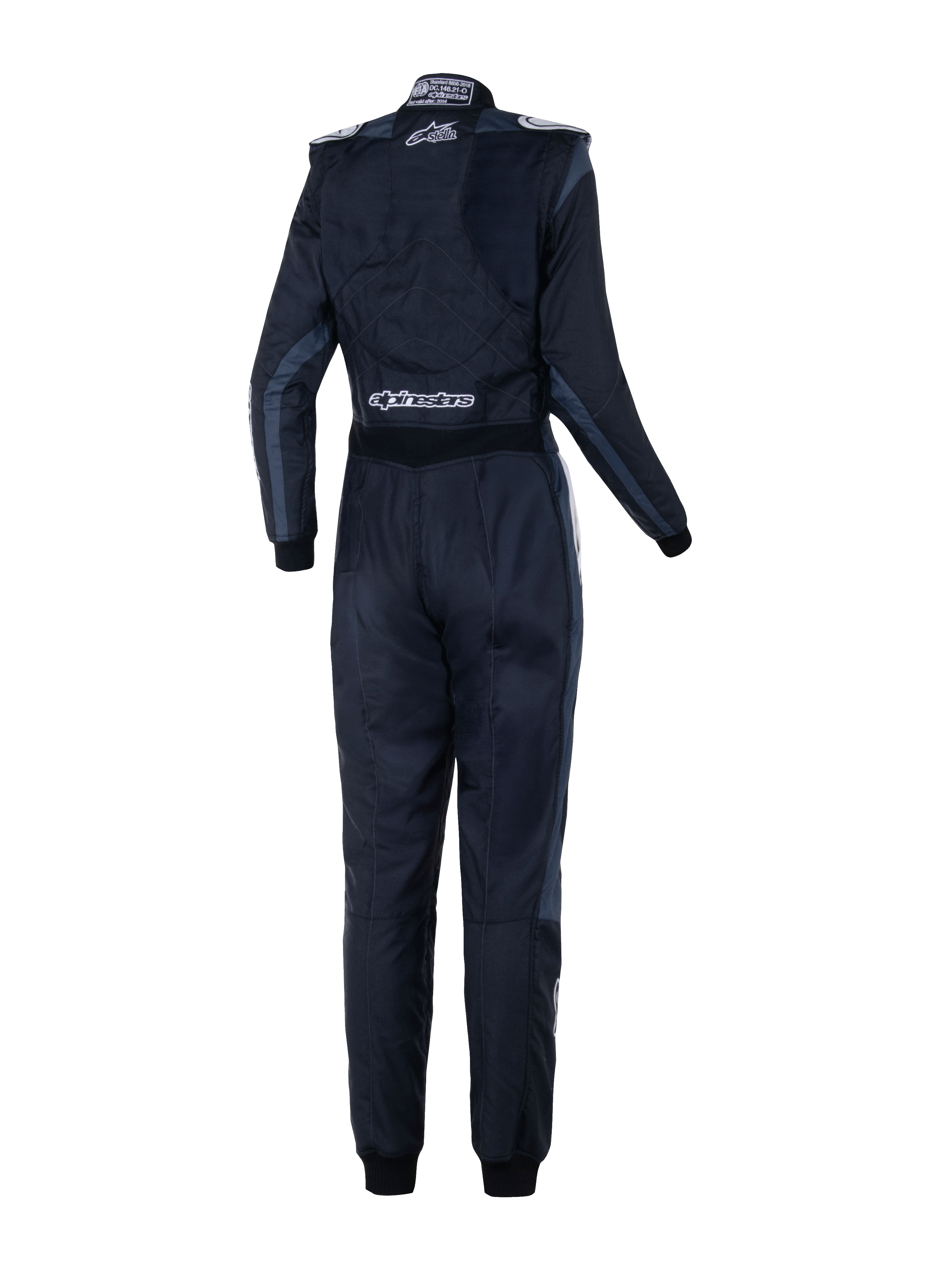 Alpinestars Stella GP Pro Comp V2 Damen-Rennanzug - FIA, Rückansicht, Black Asphalt und Weiß, mit weißen Stella- und Alpinestars-Logos, professioneller Auto-Rennanzug mit Schulterklappen und anatomischer Panel-Konstruktion für Damen.