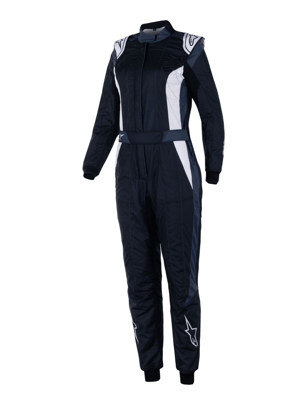 Alpinestars Stella GP Pro Comp V2 Anzug, FIA-zertifizierter Damen-Rennanzug, Schwarz, Asphalt und Weiß, lange Ärmel mit hohem Kragen, weiße Logos an Schultern und Schienbeinen, verstellbarer Taillengürtel, elastische Bündchen, aerodynamisches Design für professionellen Motorsport