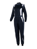 Alpinestars Stella GP Pro Comp V2 Anzug, FIA-zertifizierter Damen-Rennanzug, Schwarz, Asphalt und Weiß, lange Ärmel mit hohem Kragen, weiße Logos an Schultern und Schienbeinen, verstellbarer Taillengürtel, elastische Bündchen, aerodynamisches Design für professionellen Motorsport