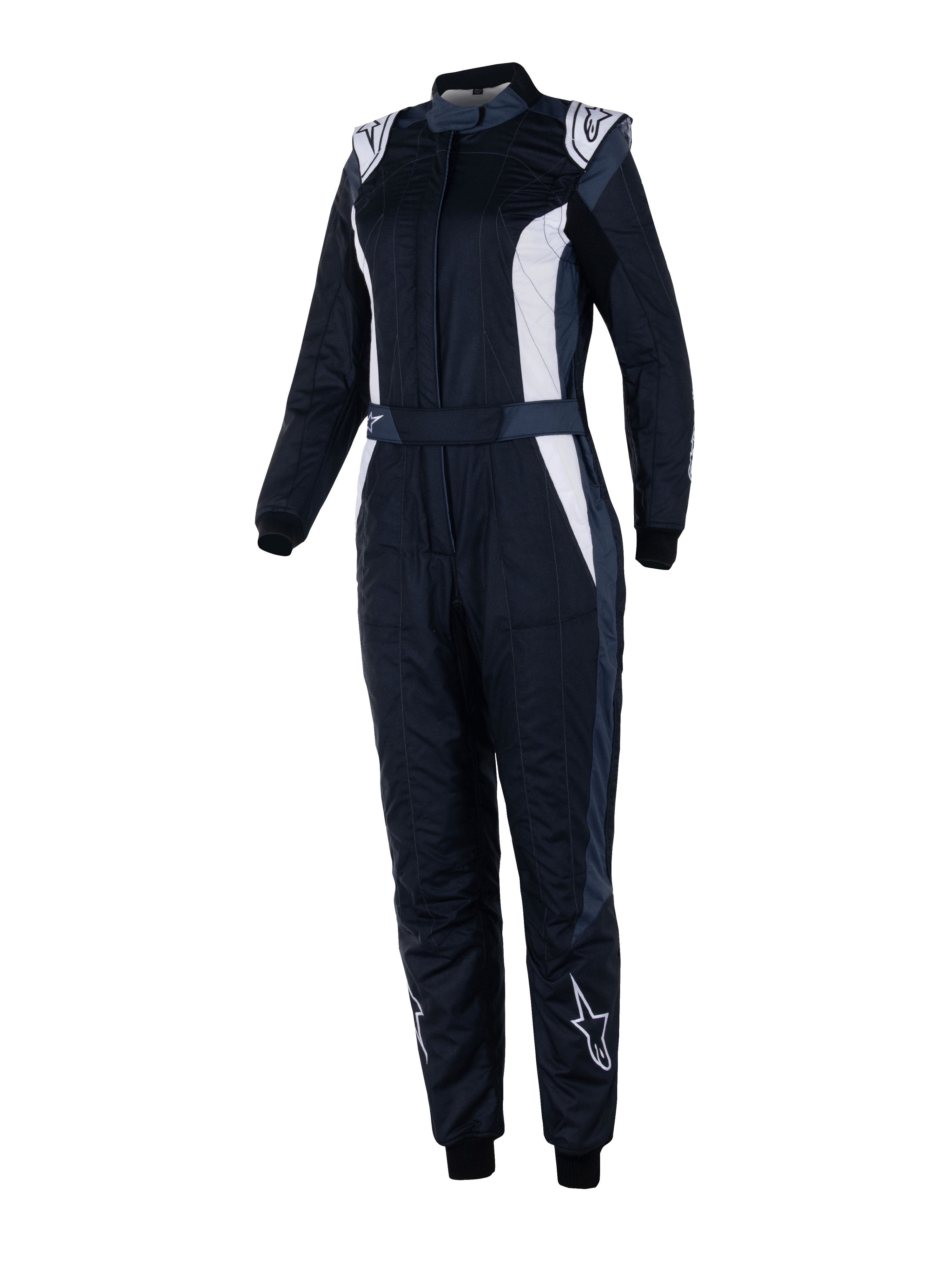 Alpinestars Stella GP Pro Comp V2 Anzug, FIA-zertifizierter Damen-Rennanzug, Schwarz, Asphalt und Weiß, lange Ärmel mit hohem Kragen, weiße Logos an Schultern und Schienbeinen, verstellbarer Taillengürtel, elastische Bündchen, aerodynamisches Design für professionellen Motorsport