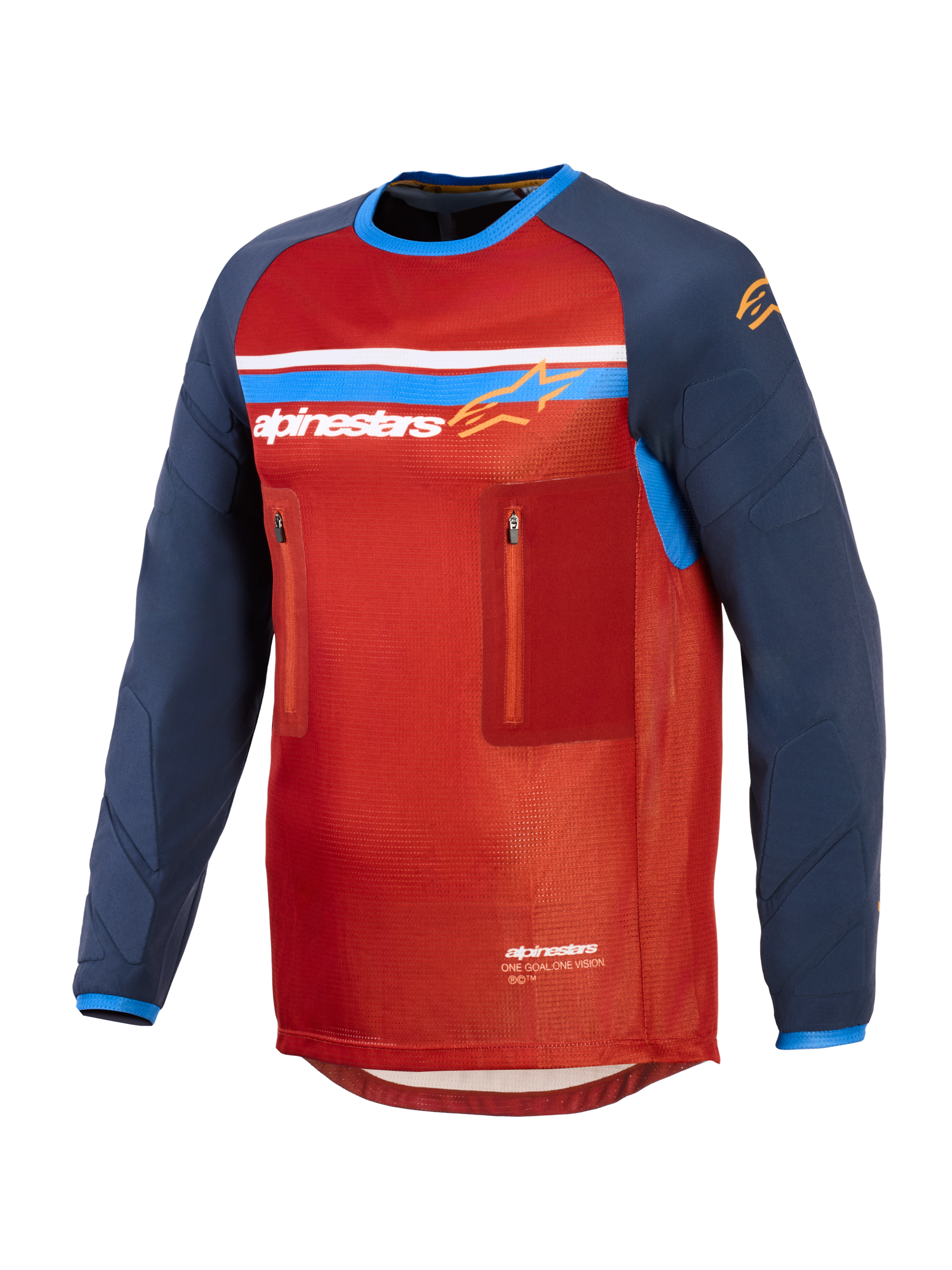 Alpinestars Maxdura Dual Jersey, Rot und Dunkelblau, technisches Adventure-Motorradtrikot mit Mesh-Torso, zwei Brusttaschen mit Reißverschluss, Alpinestars-Logo mit blau-weißen Streifen und langen abriebfesten Ärmeln.