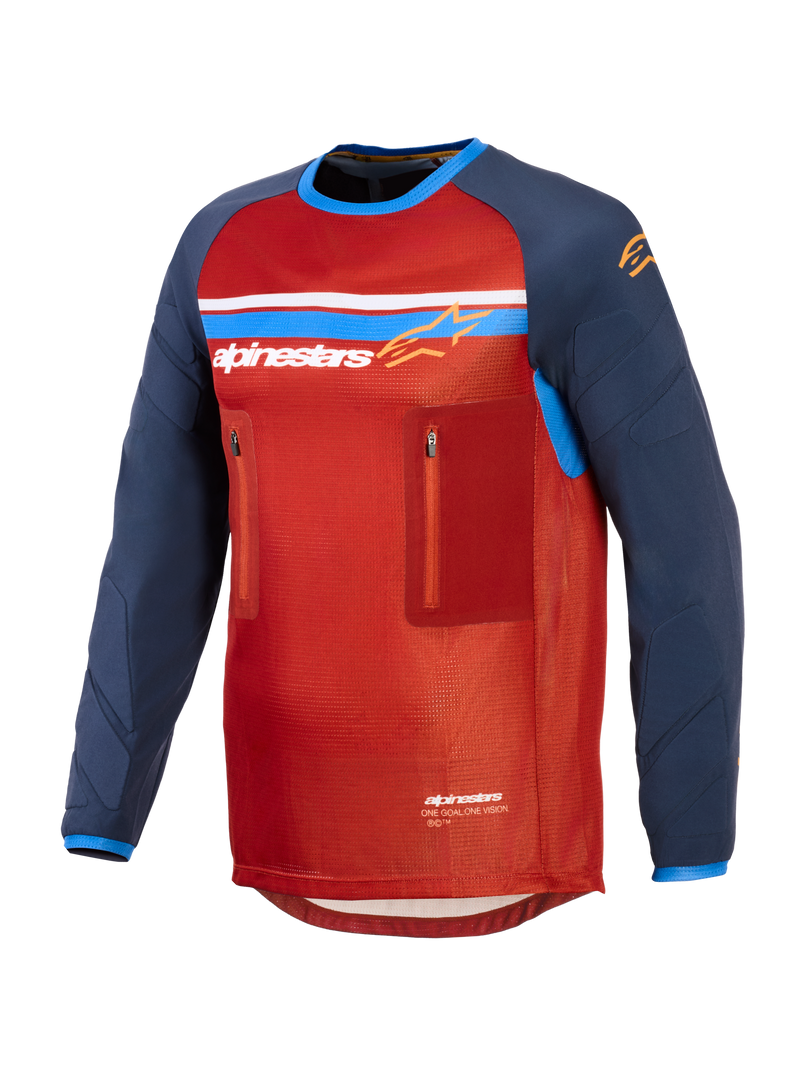Alpinestars Maxdura Dual Jersey, dual-sport adventure motorcycle jersey, men's off-road riding apparel, rust brown and mood indigo, featuring stretch mesh torso and zippered chest pockets