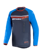 Alpinestars Maxdura Dual Jersey, Deep Gray and Royal Blue, dual-sport motorcycle jersey featuring a full mesh torso, abrasion-resistant long sleeves with reinforcement patterns, orange accents, and dual vertical zippered chest pockets
