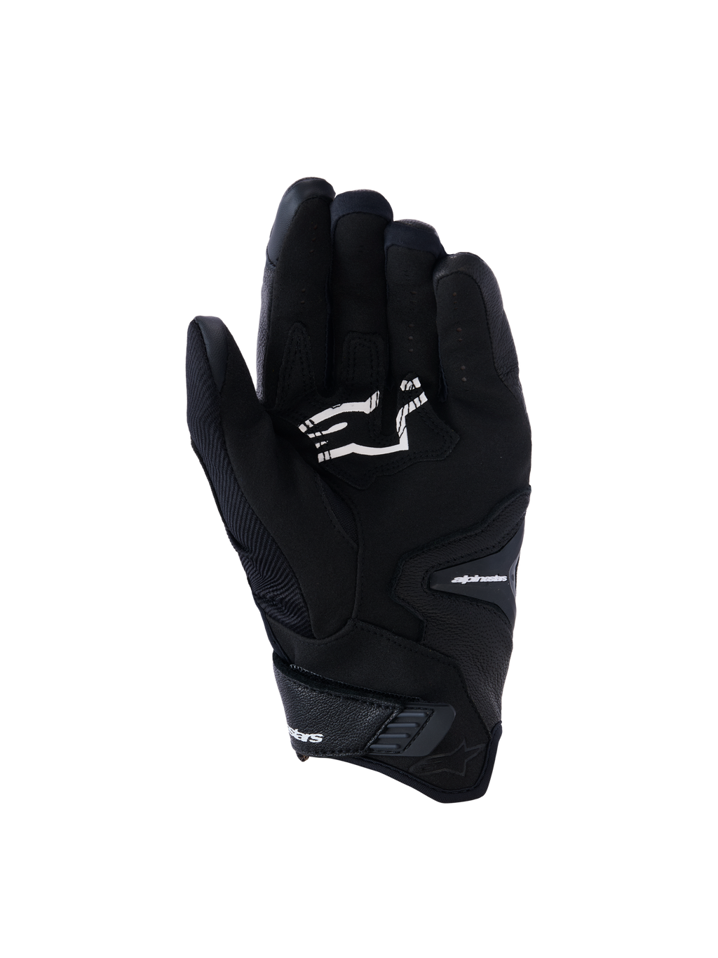 Alpinestars SP-R Pro Handschuhe, schwarze Motorradhandschuhe mit kurzer Stulpe, Handflächenansicht mit Griffverstärkungen und weißem Alpinestars-Logo, entwickelt für sportliches Fahren