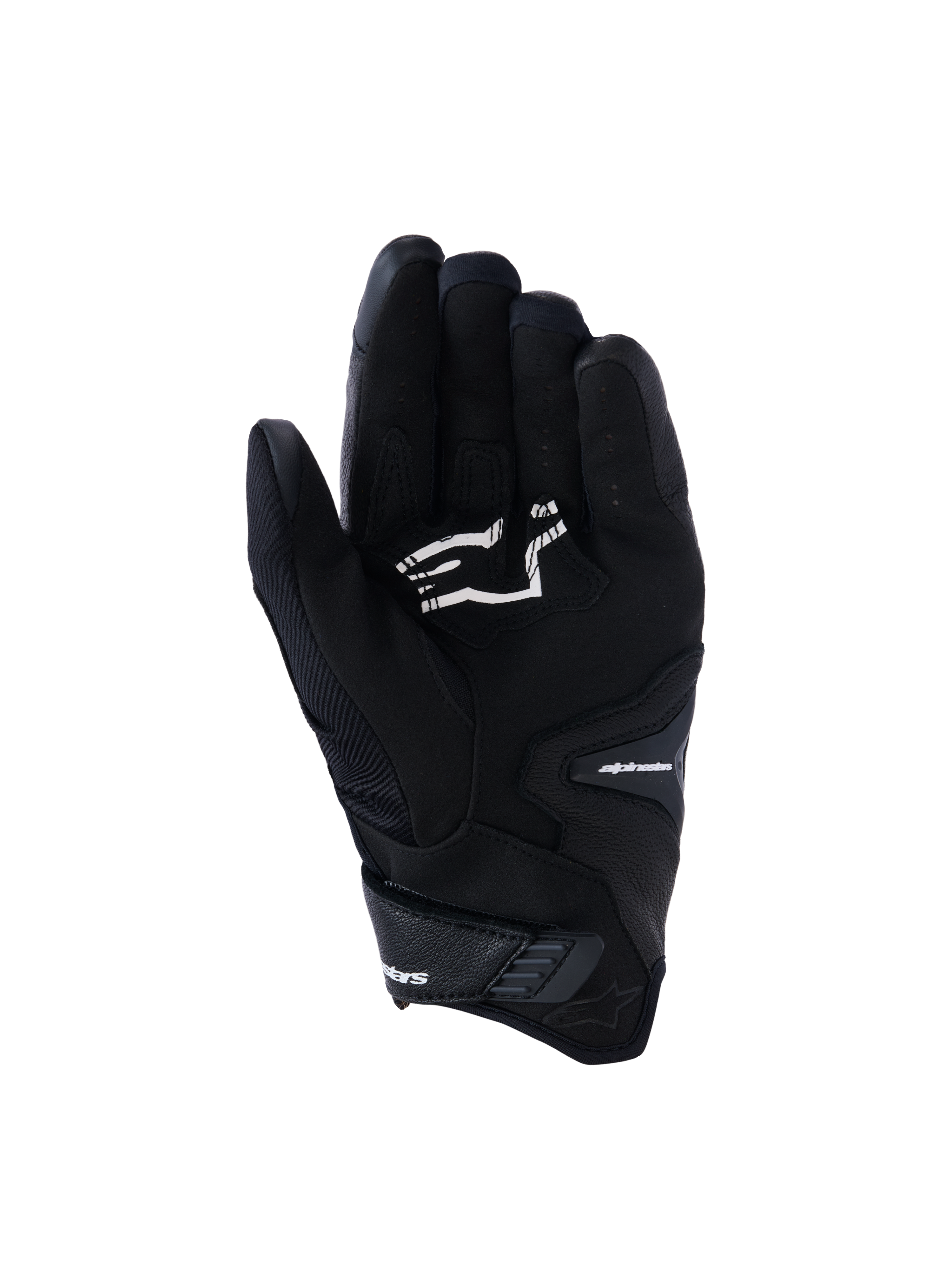 Alpinestars SP-R Pro Handschuhe, schwarze Motorradhandschuhe mit kurzer Stulpe, Handflächenansicht mit Griffverstärkungen und weißem Alpinestars-Logo, entwickelt für sportliches Fahren