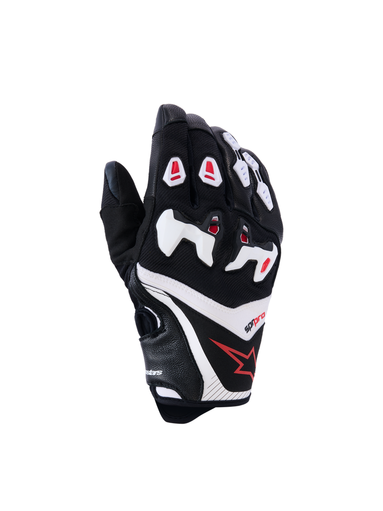 Alpinestars SP-R Pro Handschuhe, Motorrad-Rennhandschuhe, Schwarz mit Weißen und Roten Details, Hartschalen-Knöchelschutz, Texturierte Materialien, Roter Stern auf Handgelenkbereich