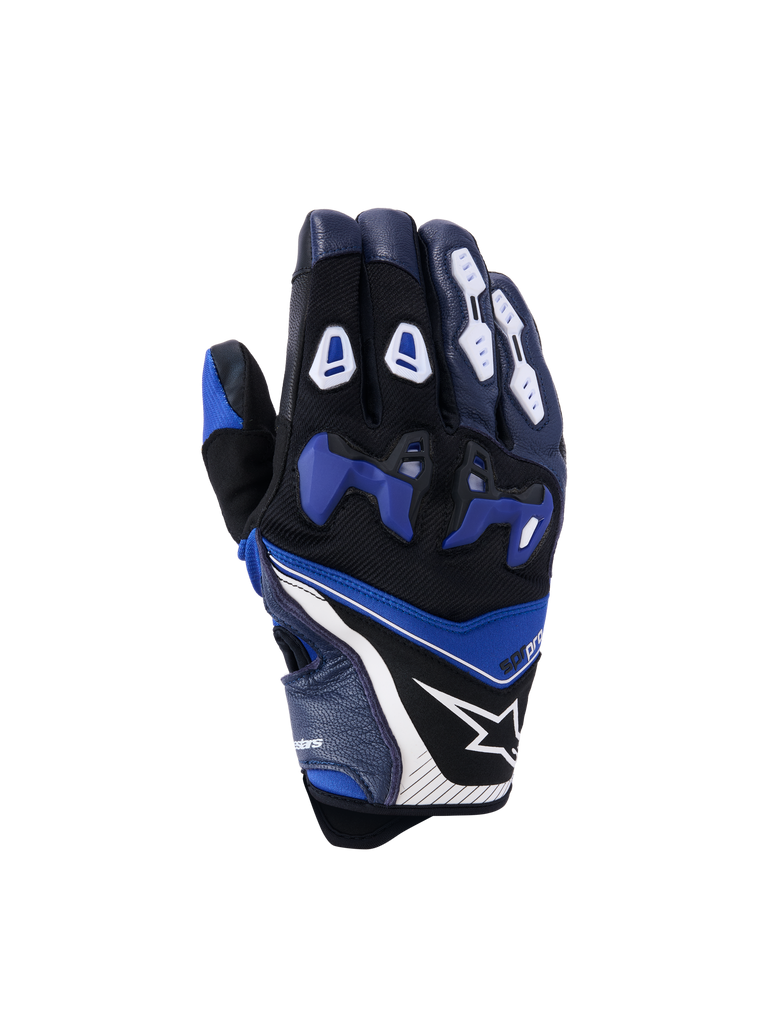 Alpinestars SP-R Pro Handschuhe, Motorrad-Rennhandschuhe, Schwarz, Blau und Weiß, Schützende Elemente an Knöcheln und Fingern, Strukturierte Oberfläche für optimalen Grip, Weißes Stern-Logo, Ergonomisches Design, Hochwertige synthetische Materialien