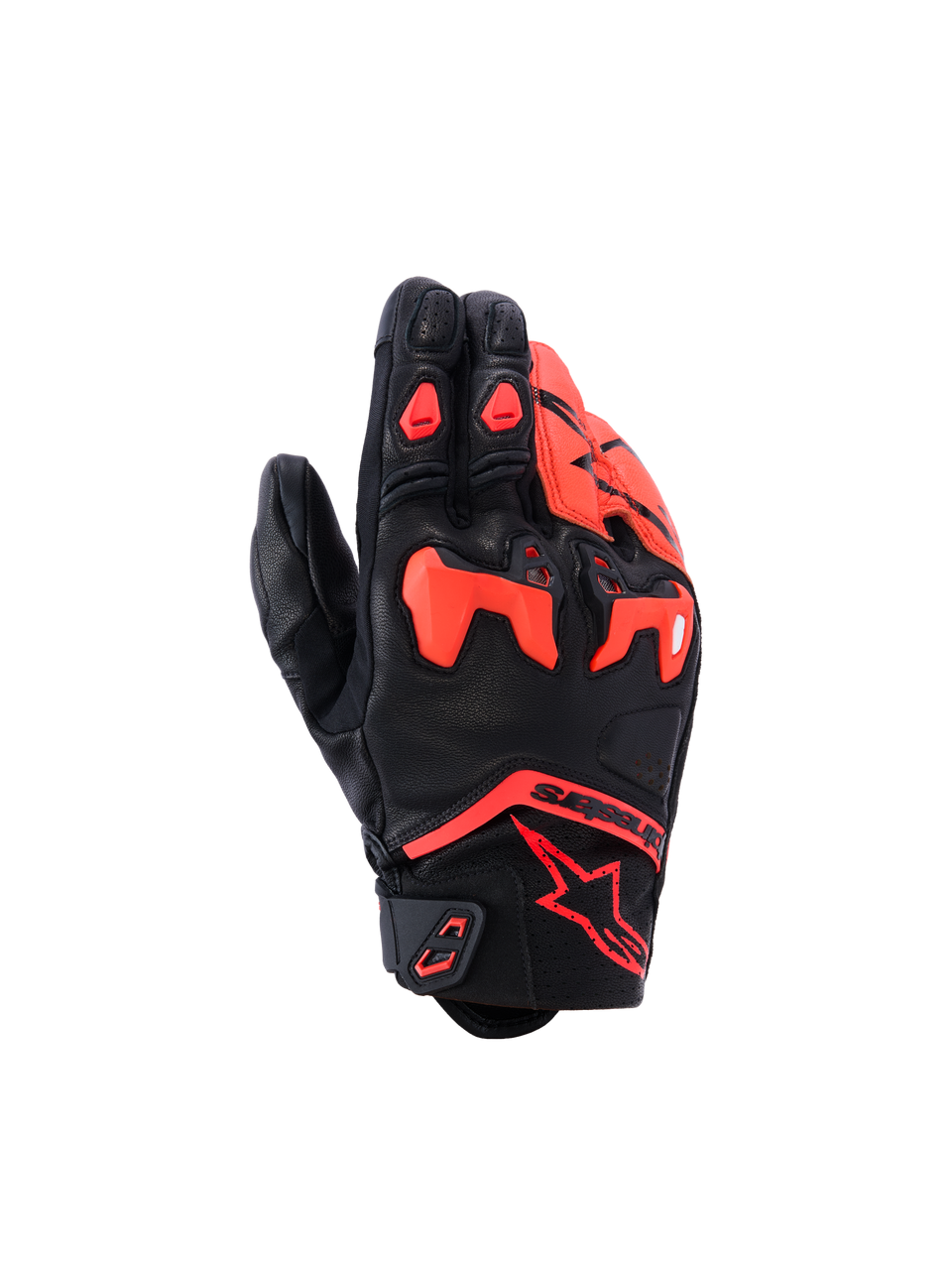 Alpinestars SP-R Tech Handschuhe, Motorradhandschuhe, Schwarz und Fluo-Rot, mit geteiltem TPU-Knöchelschutz und perforierten Ledereinsätzen, sportliches Design mit kurzer Stulpe und rotem Astars-Logo