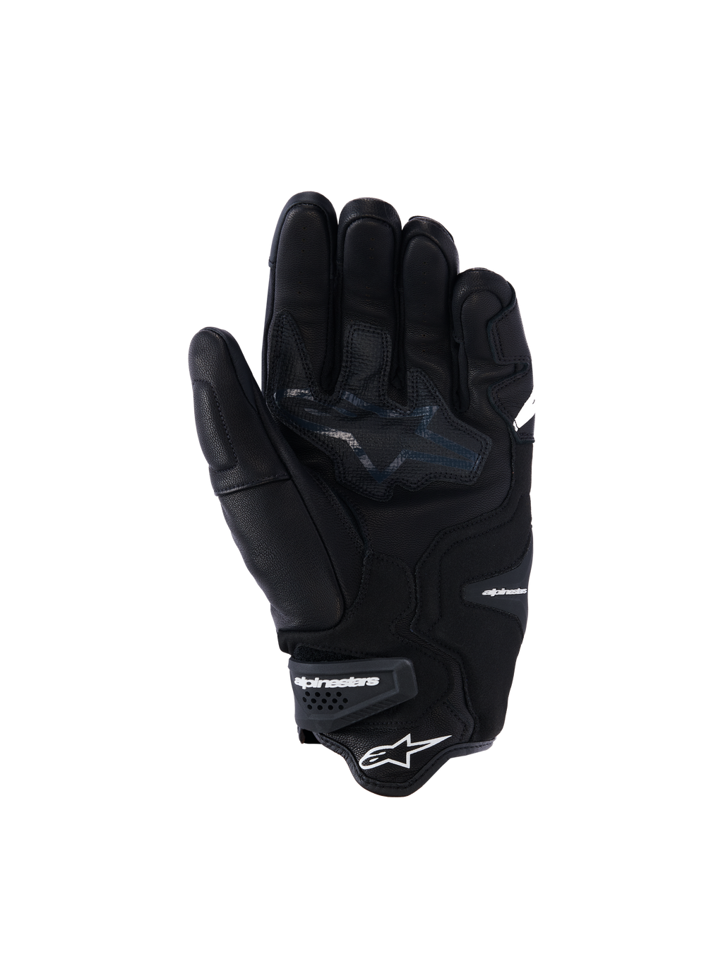 Alpinestars SP-R Tech Gloves, Black leather motorcycle gloves, palm view showing reinforced grip zones and star logo, elasticated wrist with Alpinestars branding, sport riding gear with goat leather construction