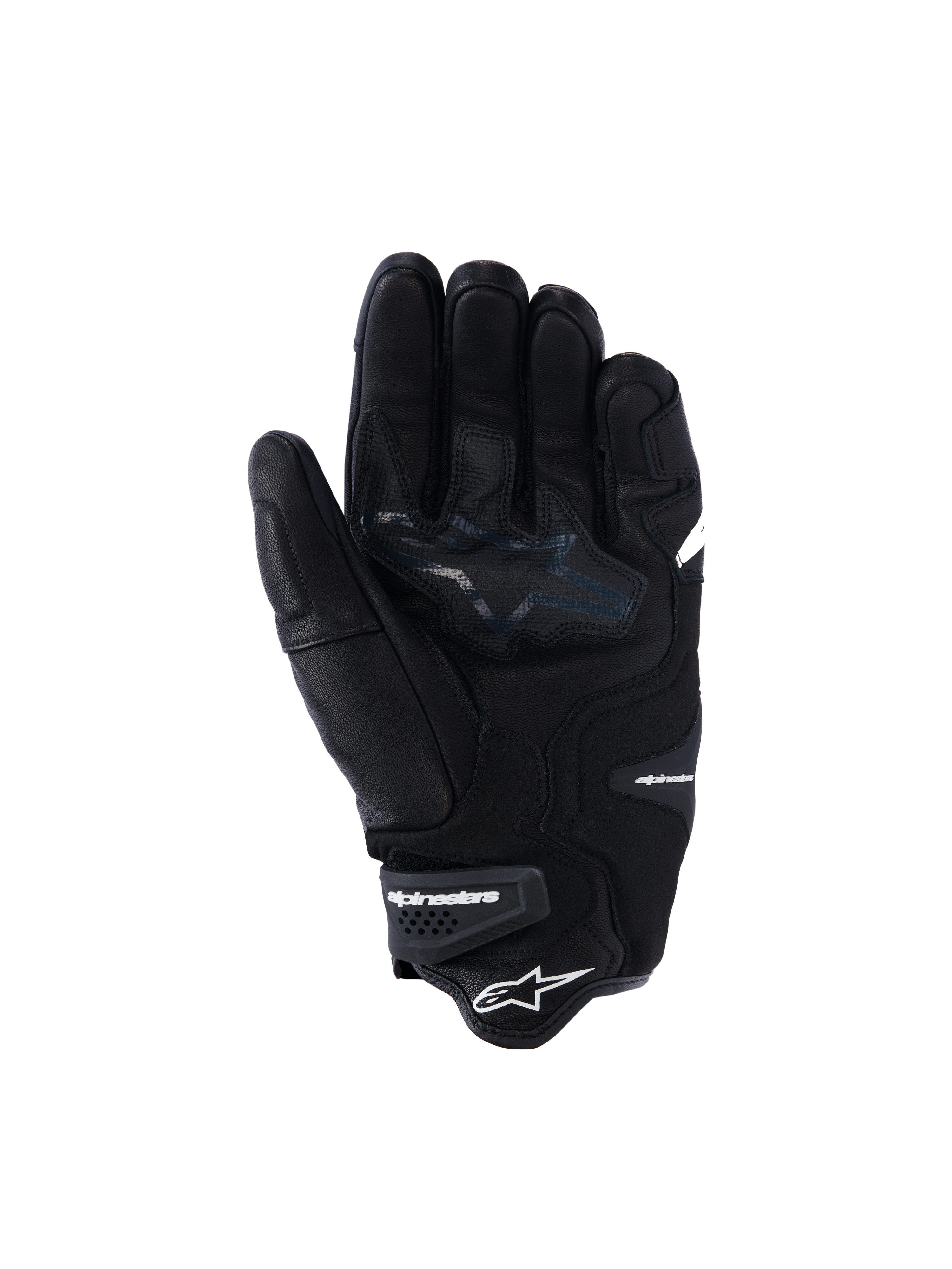 Alpinestars SP-R Tech Gloves, Black leather motorcycle gloves, palm view showing reinforced grip zones and star logo, elasticated wrist with Alpinestars branding, sport riding gear with goat leather construction