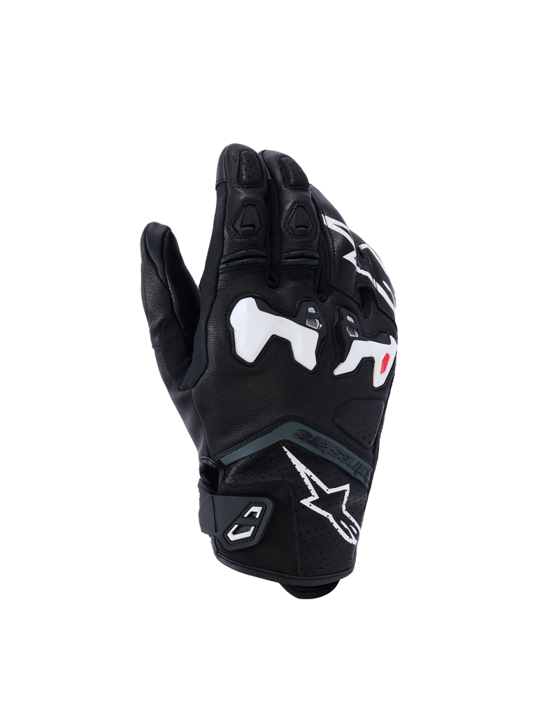 Alpinestars SP-R Tech Handschuhe, Motorradhandschuhe, Schwarz mit Weißen und Roten Akzenten, Knöchelschutz, Sternlogo, Klettverschluss am Handgelenk, Sportliches Design