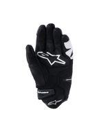 Alpinestars SP-R Tech Gloves, Black and White, palm view showing reinforced leather construction, large white Alpinestars logo on the palm, and a short cuff with branded velcro strap, sport and racing motorcycle gloves