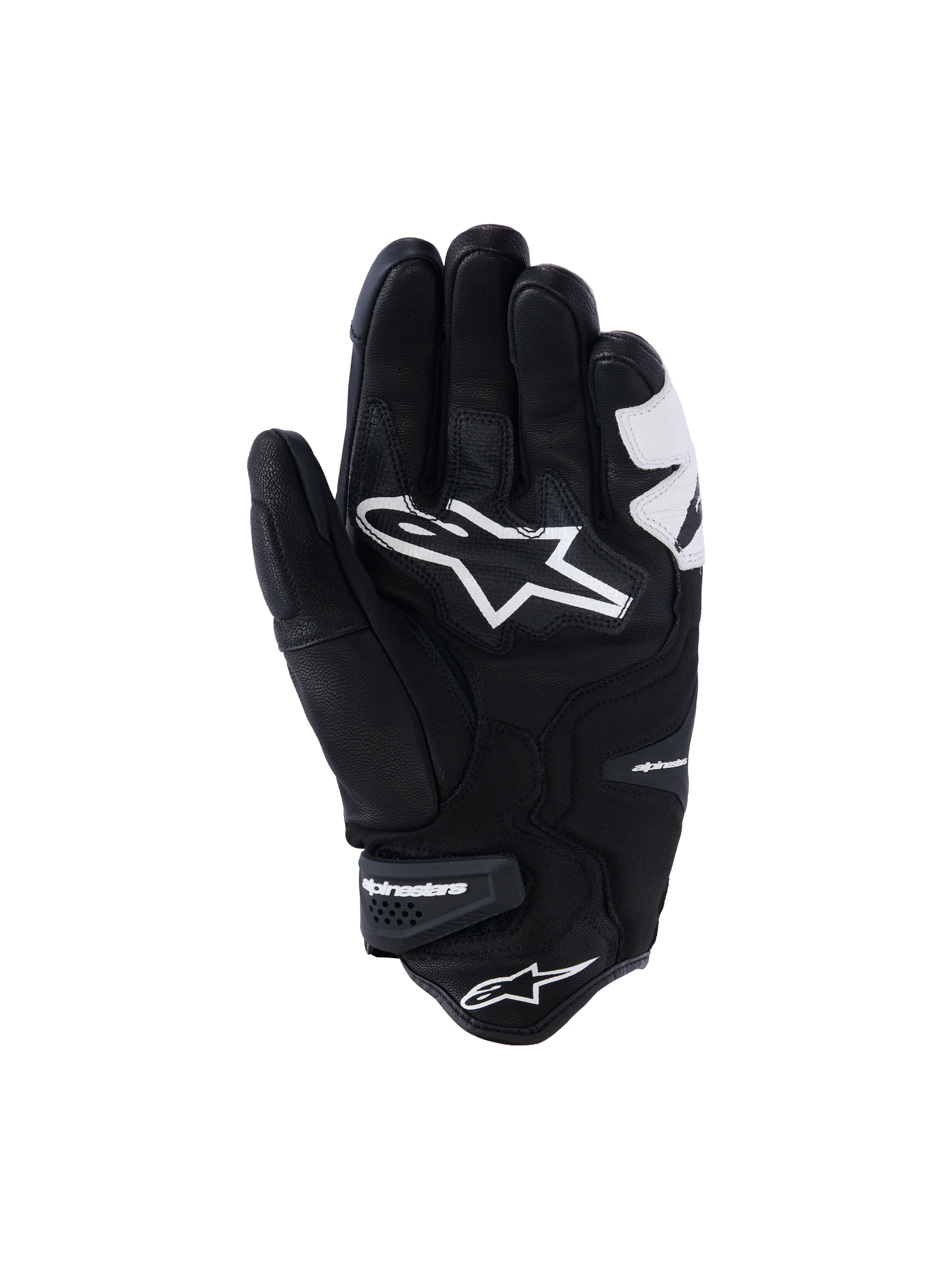 Alpinestars SP-R Tech Gloves, Black and White, palm view showing reinforced leather construction, large white Alpinestars logo on the palm, and a short cuff with branded velcro strap, sport and racing motorcycle gloves