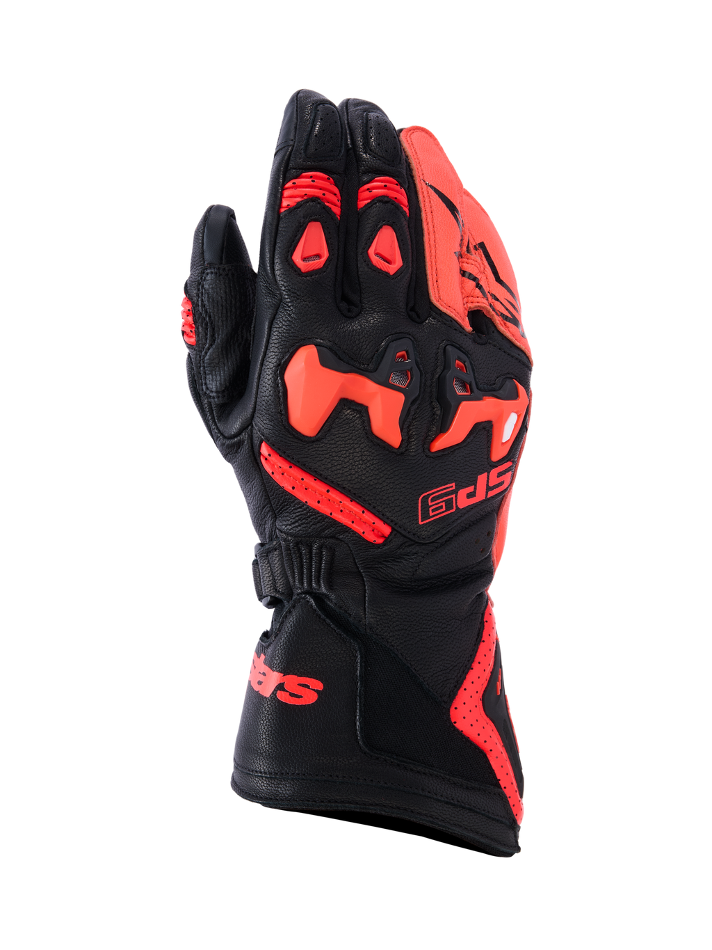 Alpinestars SP-9 Handschuhe, Renn- und Sport-Motorradhandschuhe, Schwarz und Fluo-Rot, Konstruktion aus vollnarbigem Ziegenleder mit geteiltem SP-R TPU-Knöchelschutz, perforierte Rückhand für Luftzirkulation, lange Manschette mit markantem rotem Branding, Hochleistungs-Schutzausrüstung für sportliches Fahren.