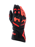 Alpinestars SP-9 Handschuhe, Renn- und Sport-Motorradhandschuhe, Schwarz und Fluo-Rot, Konstruktion aus vollnarbigem Ziegenleder mit geteiltem SP-R TPU-Knöchelschutz, perforierte Rückhand für Luftzirkulation, lange Manschette mit markantem rotem Branding, Hochleistungs-Schutzausrüstung für sportliches Fahren.