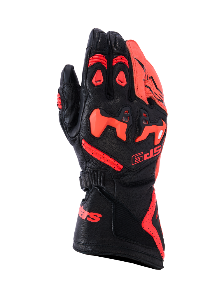 Alpinestars SP-9 Handschuhe, Motorradhandschuhe, Schwarz und Rot, Leder mit texturierter Oberfläche, Knöchelschutz, Belüftungslöcher, verstellbarer Handgelenksgurt, sportliches Design
