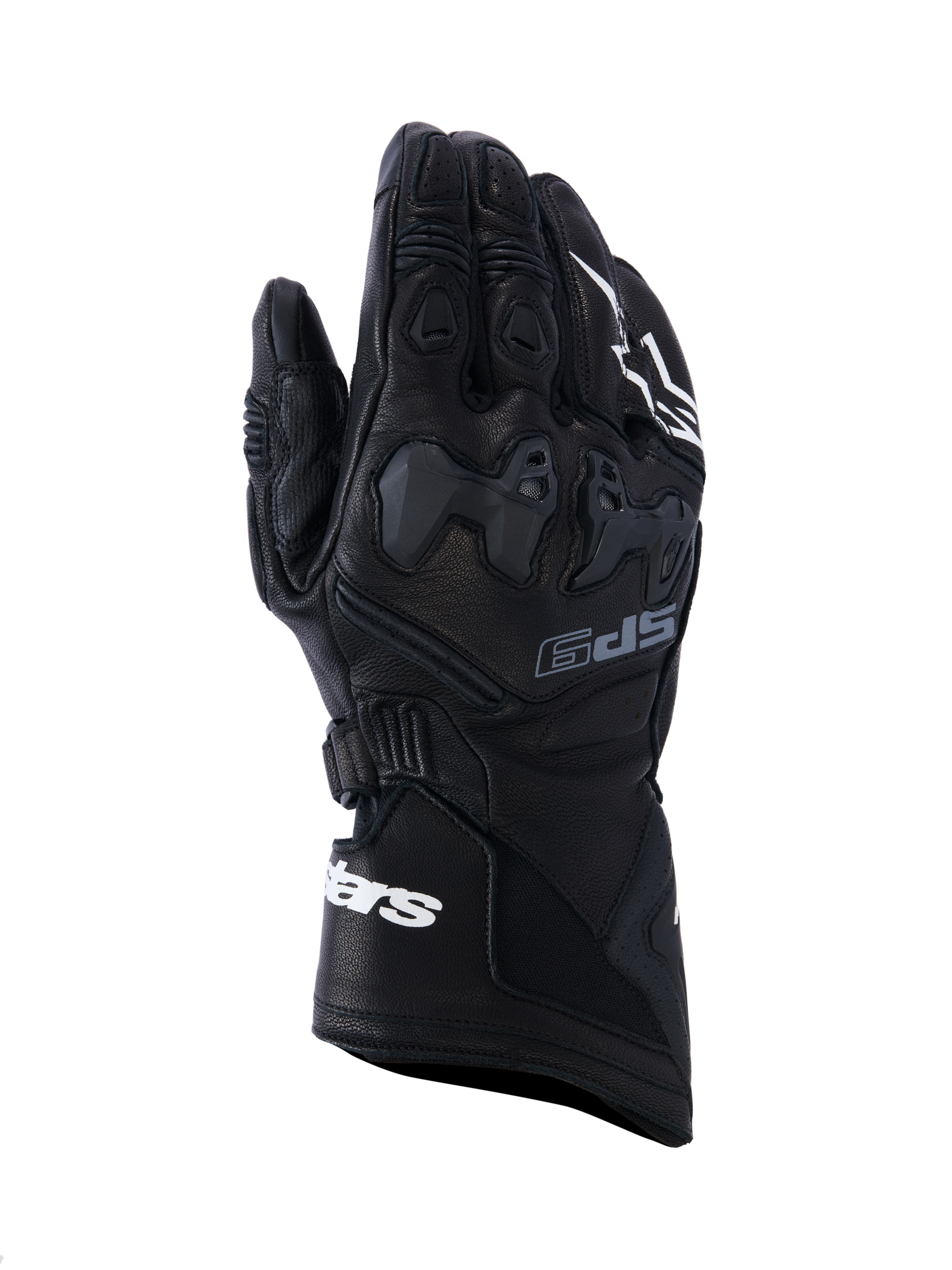 Alpinestars SP-9 Handschuhe, schwarze Motorrad-Rennhandschuhe, Vollnarbenleder mit SP-R TPU-Knöchelschutz, lange Manschette mit weißem Alpinestars-Logo, perforierte Details und ergonomisches Sport-Design