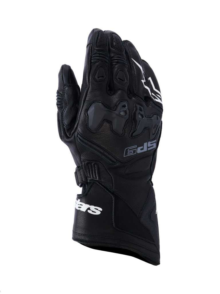 Alpinestars SP-9 Handschuhe, Motorradhandschuhe, Schwarz mit Weißen Logos, Strukturierte Lederoberfläche, Knöchelschutz, Ergonomisches Design für Hochleistungseinsatz
