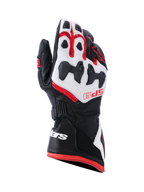 Alpinestars SP-9 Handschuhe, Motorrad-Rennsport-Handschuhe, Schwarz, Weiß und Hellrot, mit geteiltem SP-R Knöchelschutz, perforiertem Ziegenleder, rotem SP-9-Branding auf dem Handrücken und weißem Logo auf der langen Doppelverschluss-Manschette.