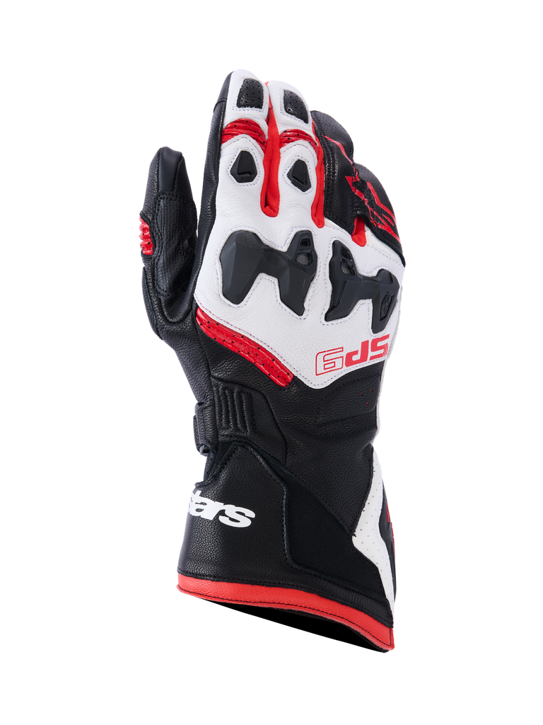Alpinestars SP-9 Handschuhe, Motorradhandschuhe, Schwarz, Weiß und Rot, Sportliches Design mit Schutzpolsterung, Verstärkte Fingerpartien, Atmungsaktive Belüftungslöcher, Knöchelschutz, Strapazierfähiges Material