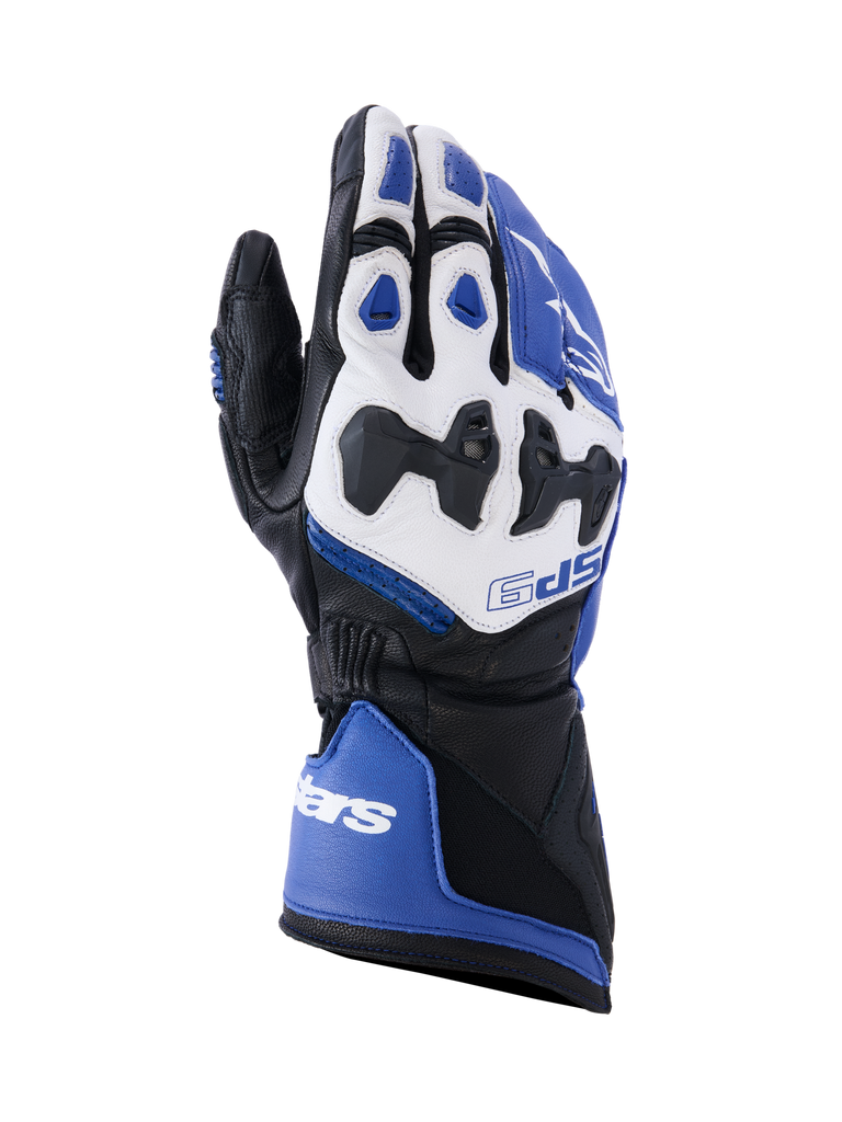 Alpinestars SP-9 Handschuhe, Motorradhandschuhe, Schwarz, Weiß und Blau, Sportliches Design mit gepolsterten Fingern und Knöcheln, Leder- oder Synthetikkonstruktion, Strukturierte Griffbereiche