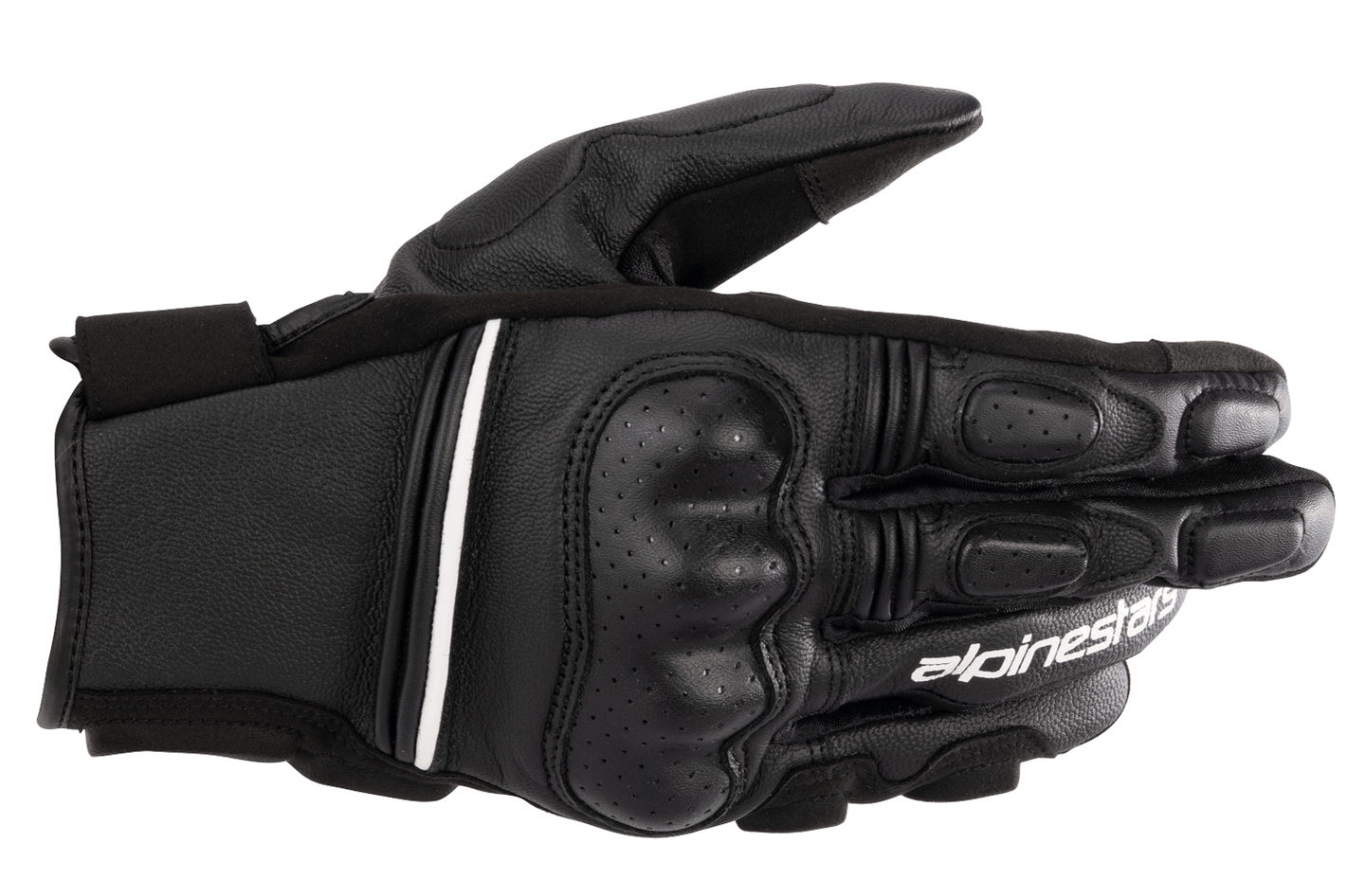 A black and white Alpinestars EU Phenom Leather Glove displaying the palm side, highlighting protective knuckle padding, perforated leather for breathability, and a Velcro strap at the wrist for a secure fit. The Alpinestars logo is visible on the side of these sport performance gloves.