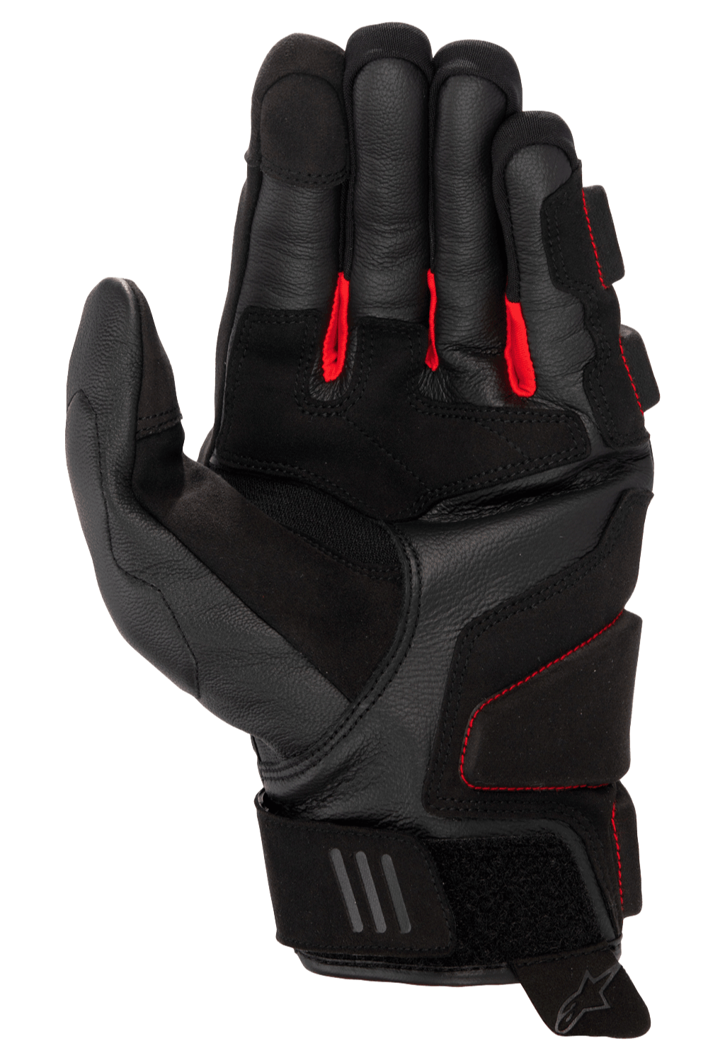 Alpinestars Phenom Lederhandschuhe, Motorradhandschuhe, Schwarz und leuchtendes Rot, Ansicht der Handfläche mit hochwertigem Ziegenleder, rotem Stoff zwischen den Fingern, verstärkten Aufprallzonen und verstellbarem Klettverschluss am Handgelenk