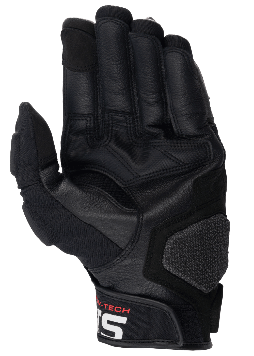 Alpinestars Halo Lederhandschuhe, Motorradhandschuhe, Schwarz, Handflächenansicht mit verstärktem Leder und gummiertem Griff, mit strukturierter Landezone und kurzer Manschette mit weißem Alpinestars-Logo, Adventure-Touring-Ausrüstung