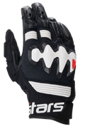 Alpinestars Halo Lederhandschuhe, Adventure-Motorradhandschuhe, Schwarz und Weiß, mit großem weißem überinjiziertem Knöchelschutz, perforierten Lederbahnen für Luftzirkulation und einer kurzen Stulpe mit auffälligem weißem Branding.