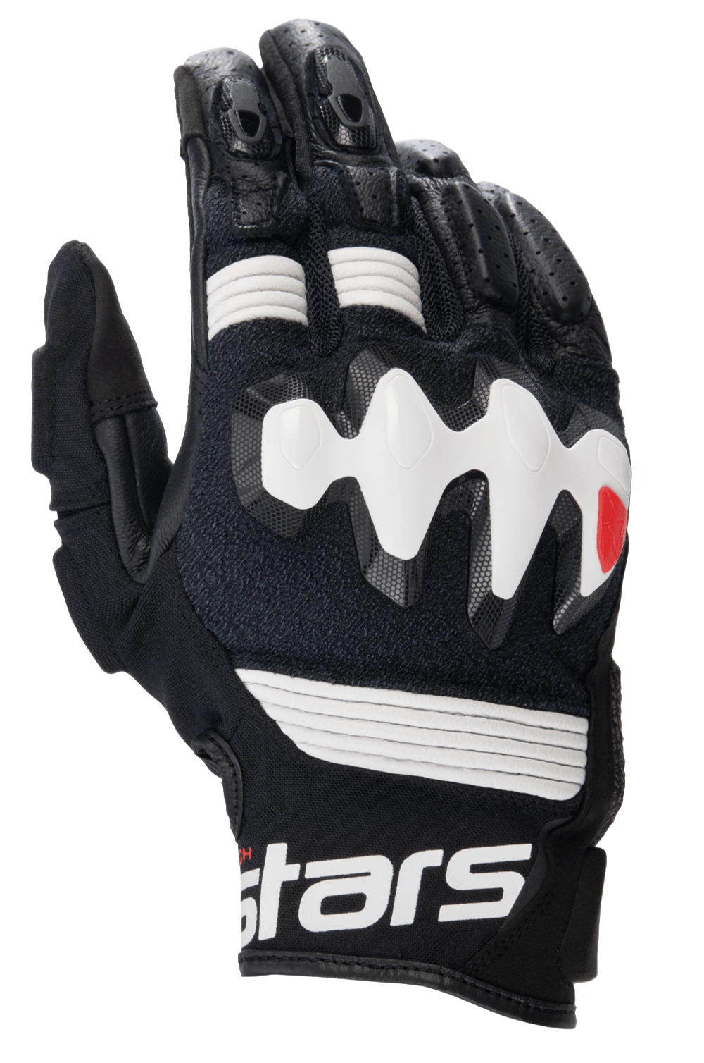 Alpinestars Halo Lederhandschuhe, Adventure-Motorradhandschuhe, Schwarz und Weiß, mit großem weißem überinjiziertem Knöchelschutz, perforierten Lederbahnen für Luftzirkulation und einer kurzen Stulpe mit auffälligem weißem Branding.