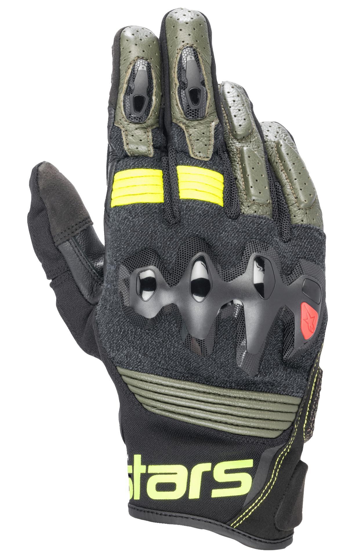 Alpinestars Halo Lederhandschuhe, Motorradhandschuhe, Forest Black und Yellow Fluo, Olivgrün und Schwarz mit neongelben Akzenten, überinjizierter Knöchelschutz, perforierte Lederkonstruktion, Adventure Touring Stil