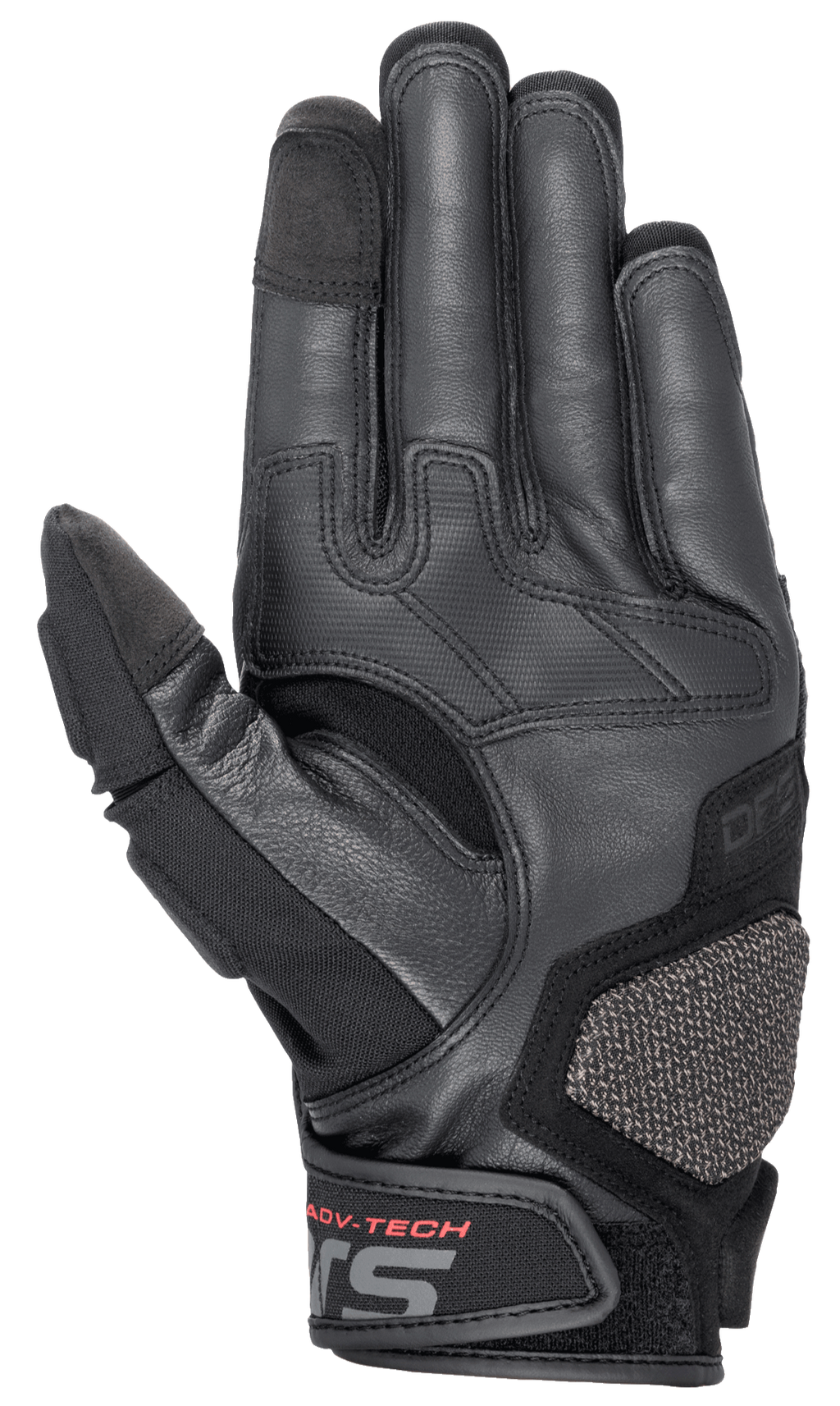 Alpinestars Halo Lederhandschuhe, Adventure-Touring-Motorradhandschuhe, Dunkelblau und Schwarz, Ansicht der Handfläche mit hochwertigem Ziegenleder, gummierten Grip-Zonen, ARshield-Schutzpolster und rotem ADV-TECH-Schriftzug am Handgelenkverschluss.