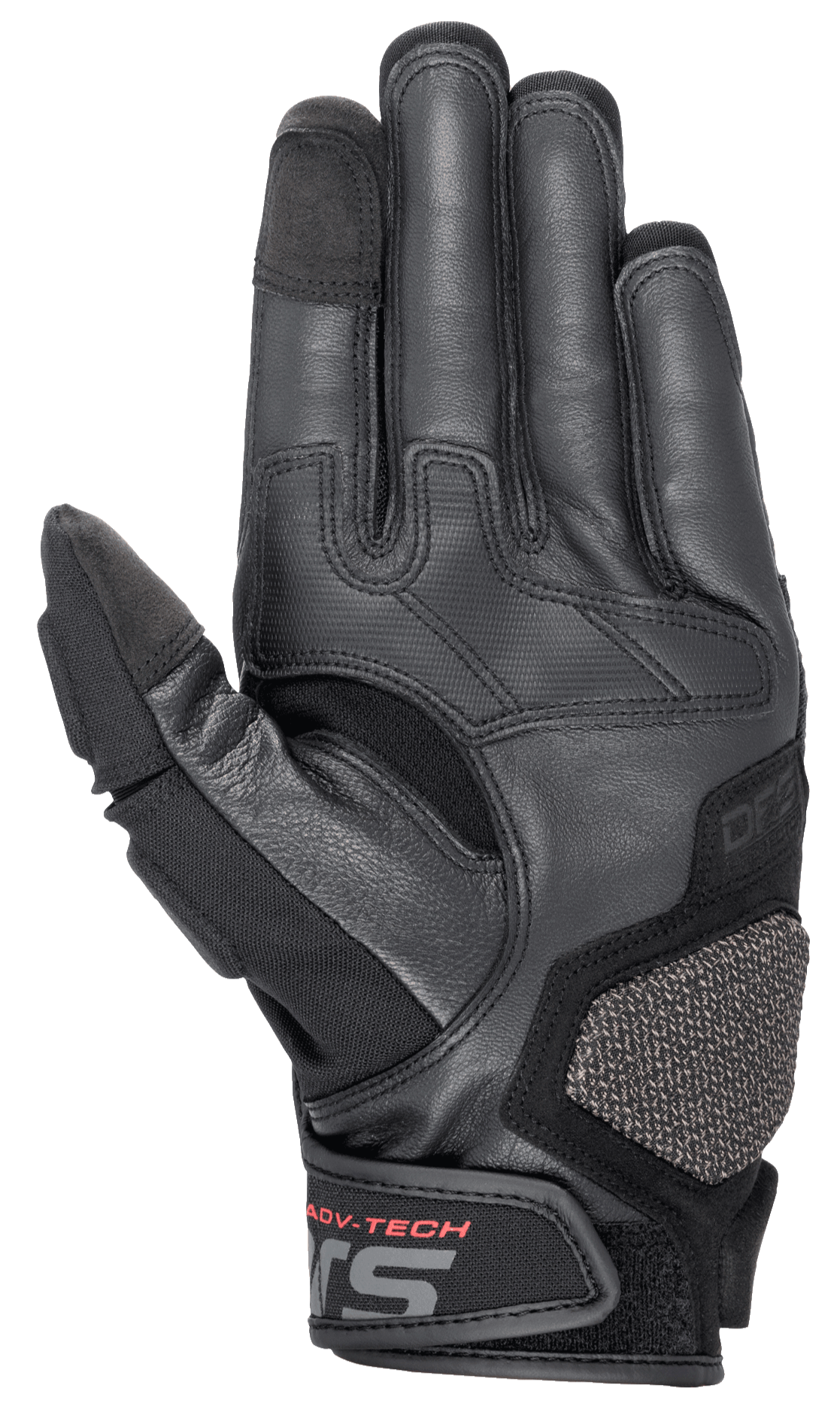 Alpinestars Halo Lederhandschuhe, Adventure-Touring-Motorradhandschuhe, Dunkelblau und Schwarz, Ansicht der Handfläche mit hochwertigem Ziegenleder, gummierten Grip-Zonen, ARshield-Schutzpolster und rotem ADV-TECH-Schriftzug am Handgelenkverschluss.