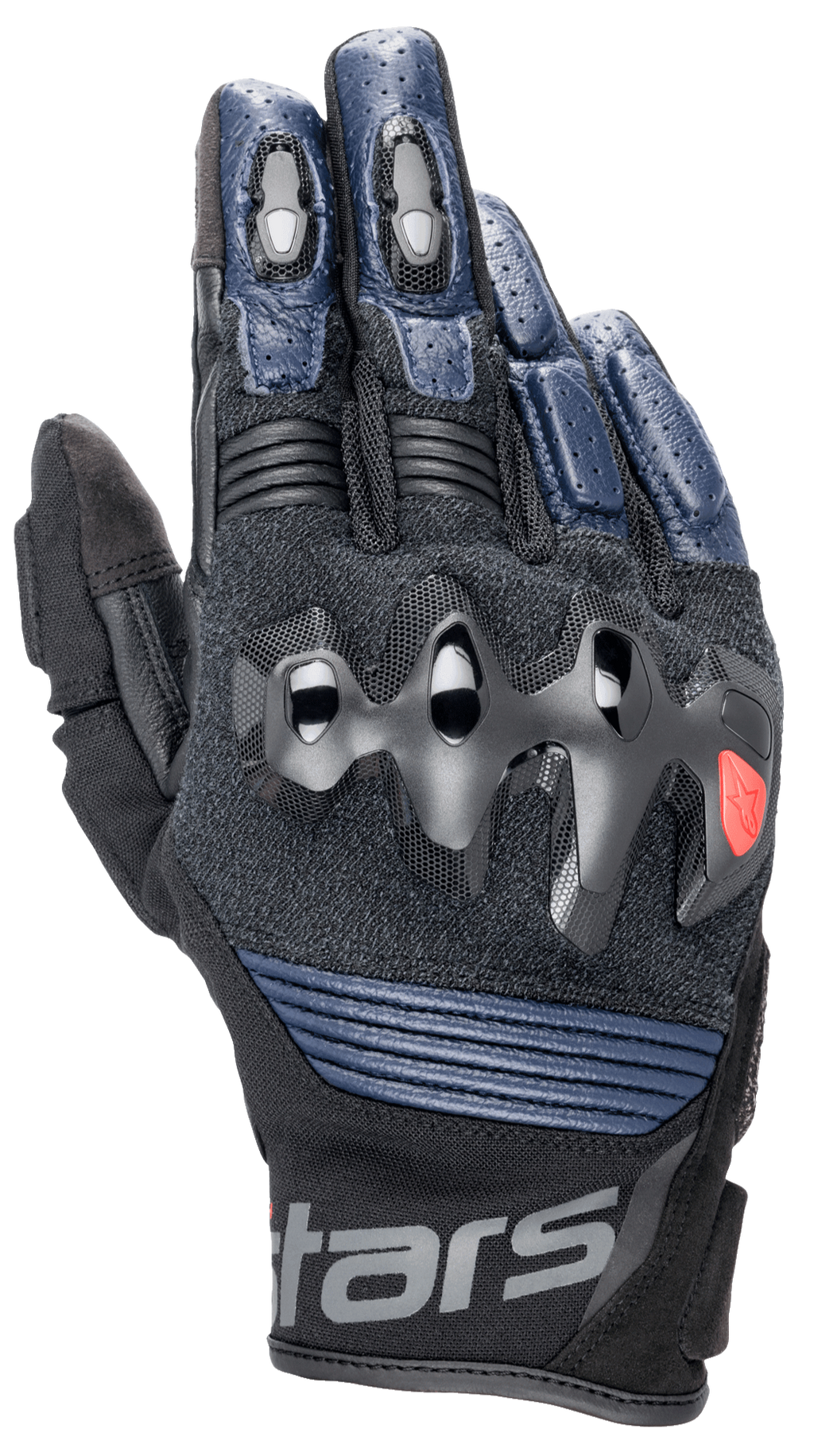 Alpinestars Halo Lederhandschuhe, Motorradhandschuhe, Dunkelblau und Schwarz, mit überinjiziertem Knöchelschutz, perforierten Lederfingern, Mesh-Einsätzen zur Belüftung und kurzem Stulpendesign mit Alpinestars-Branding