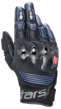 Alpinestars Halo Lederhandschuhe, Motorradhandschuhe, Dunkelblau und Schwarz, mit überinjiziertem Knöchelschutz, perforierten Lederfingern, Mesh-Einsätzen zur Belüftung und kurzem Stulpendesign mit Alpinestars-Branding
