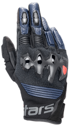 Alpinestars Halo Lederhandschuhe, Motorradhandschuhe, Dunkelblau und Schwarz, mit überinjiziertem Knöchelschutz, perforierten Lederfingern, Mesh-Einsätzen zur Belüftung und kurzem Stulpendesign mit Alpinestars-Branding