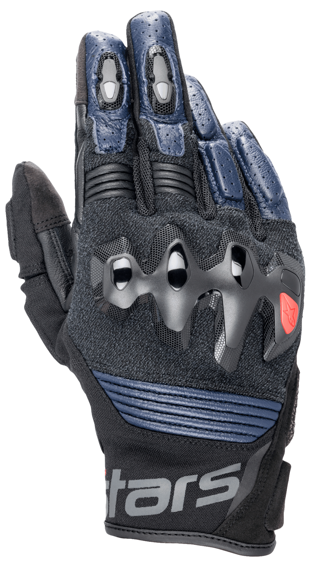 Alpinestars Halo Lederhandschuhe, Motorradhandschuhe, Dunkelblau und Schwarz, mit überinjiziertem Knöchelschutz, perforierten Lederfingern, Mesh-Einsätzen zur Belüftung und kurzem Stulpendesign mit Alpinestars-Branding