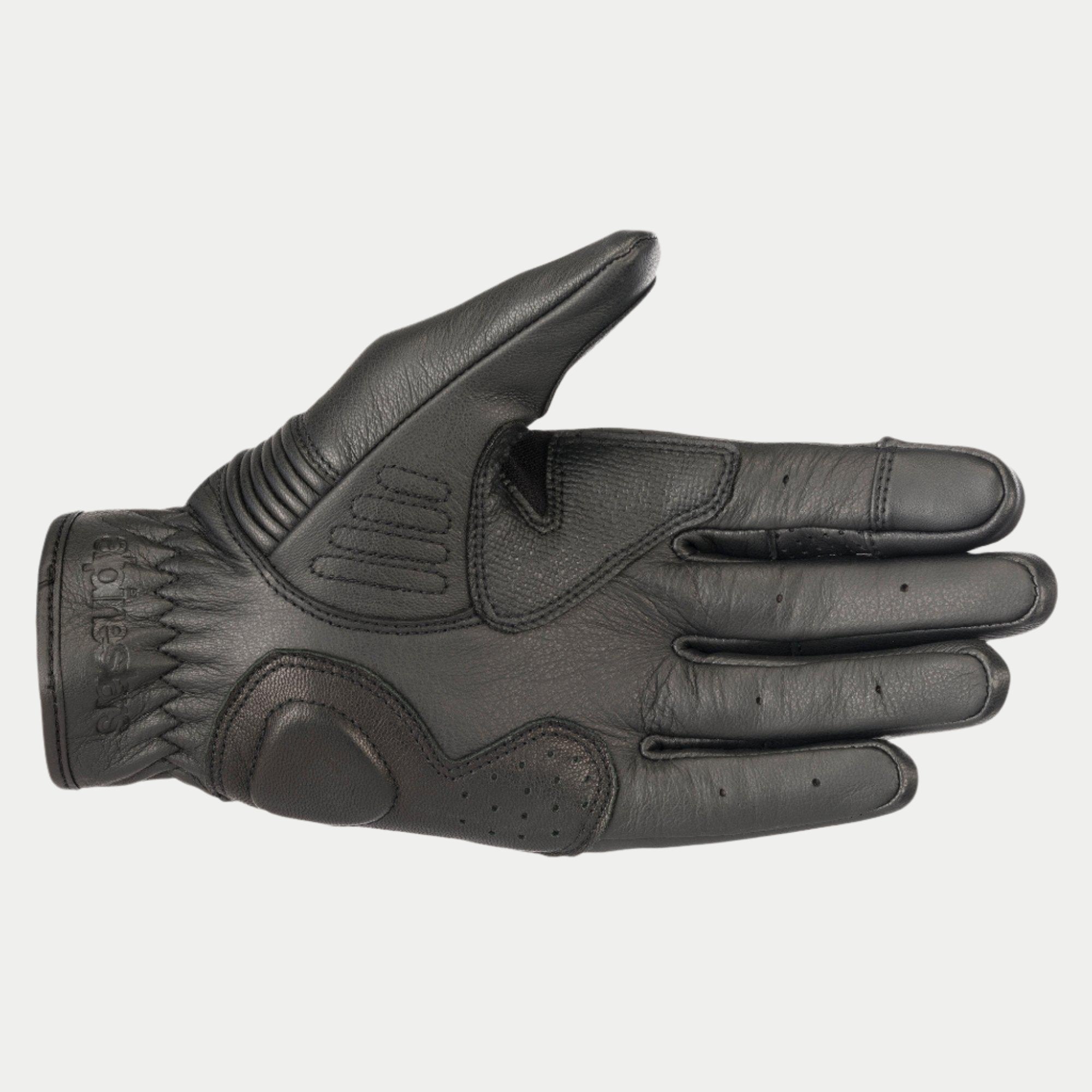 Alpinestars Crazy Eight Gloves, Motorcycle Gloves, Black, palm view showing reinforced leather construction, textured grip panels on palm and thumb, and embossed branding on the wrist cuff