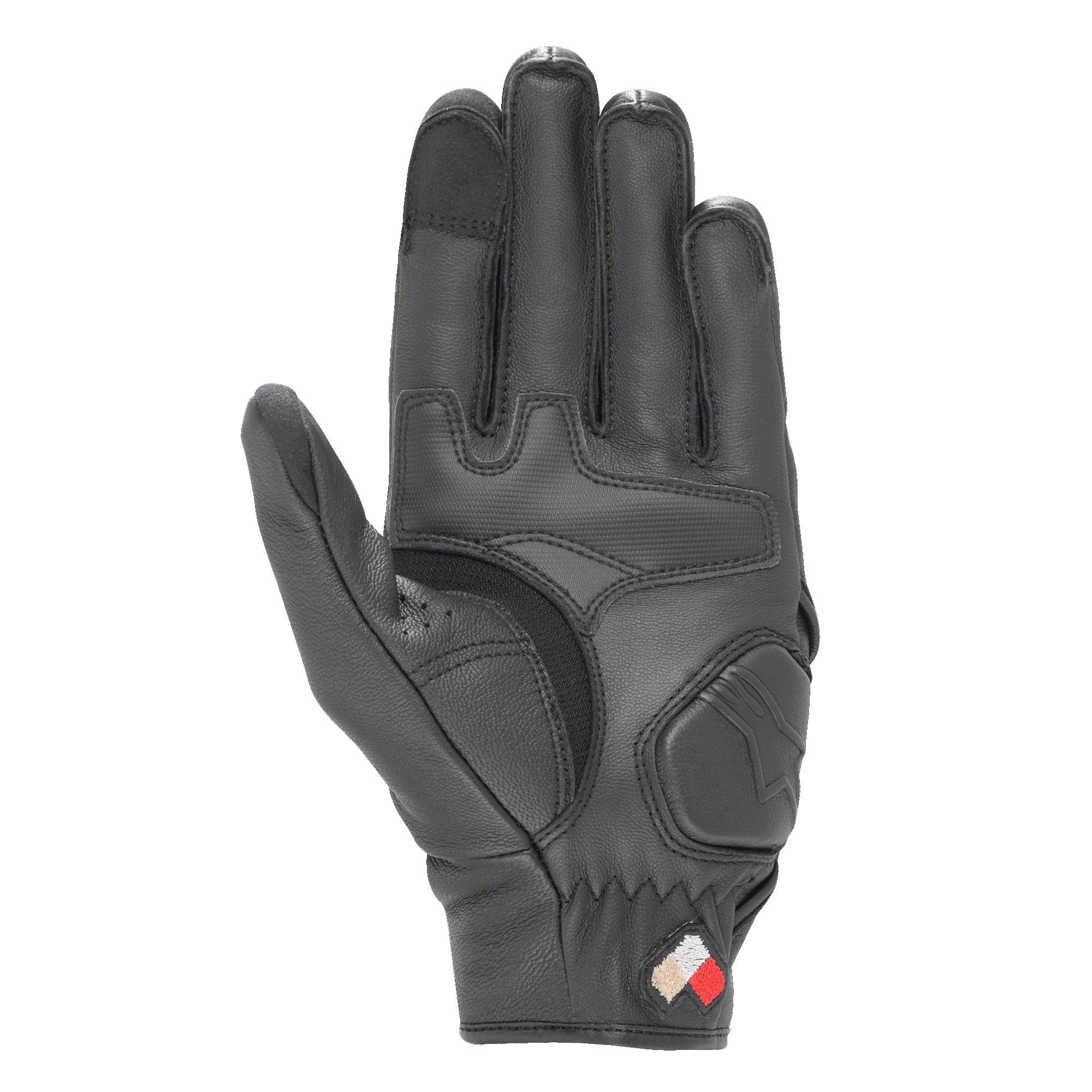 Alpinestars Dyno Leather Gloves, Black, Palm view showing padded reinforcements and goat leather construction, touchscreen compatible fingertips, short cuff road riding glove for urban use