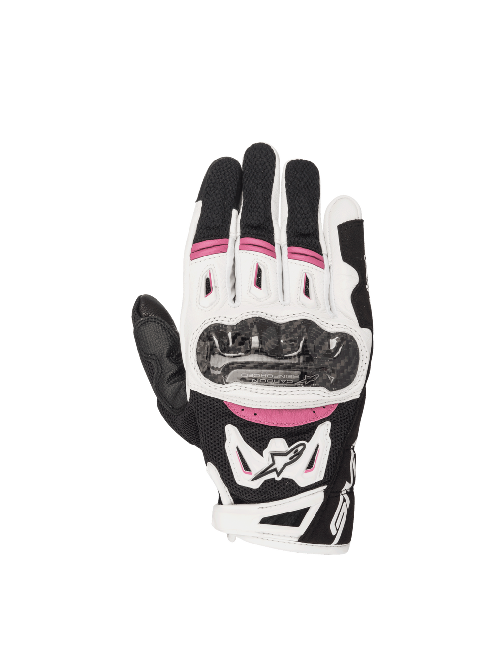 Alpinestars Stella SMX-2 Air Carbon V2 Motorradhandschuhe für Damen, Schwarz, Weiß und Fuchsia, mit Karbon-Knöchelschützern und atmungsaktivem 3D-Mesh, ideal für den Straßeneinsatz.