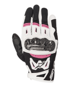 Alpinestars Stella SMX-2 Air Carbon V2 Gloves, Women's Motorcycle Racing Gloves, Black White and Fuchsia, featuring a carbon fiber knuckle guard, 3D mesh ventilation, and Alpinestars logo, sporty short-cuff design