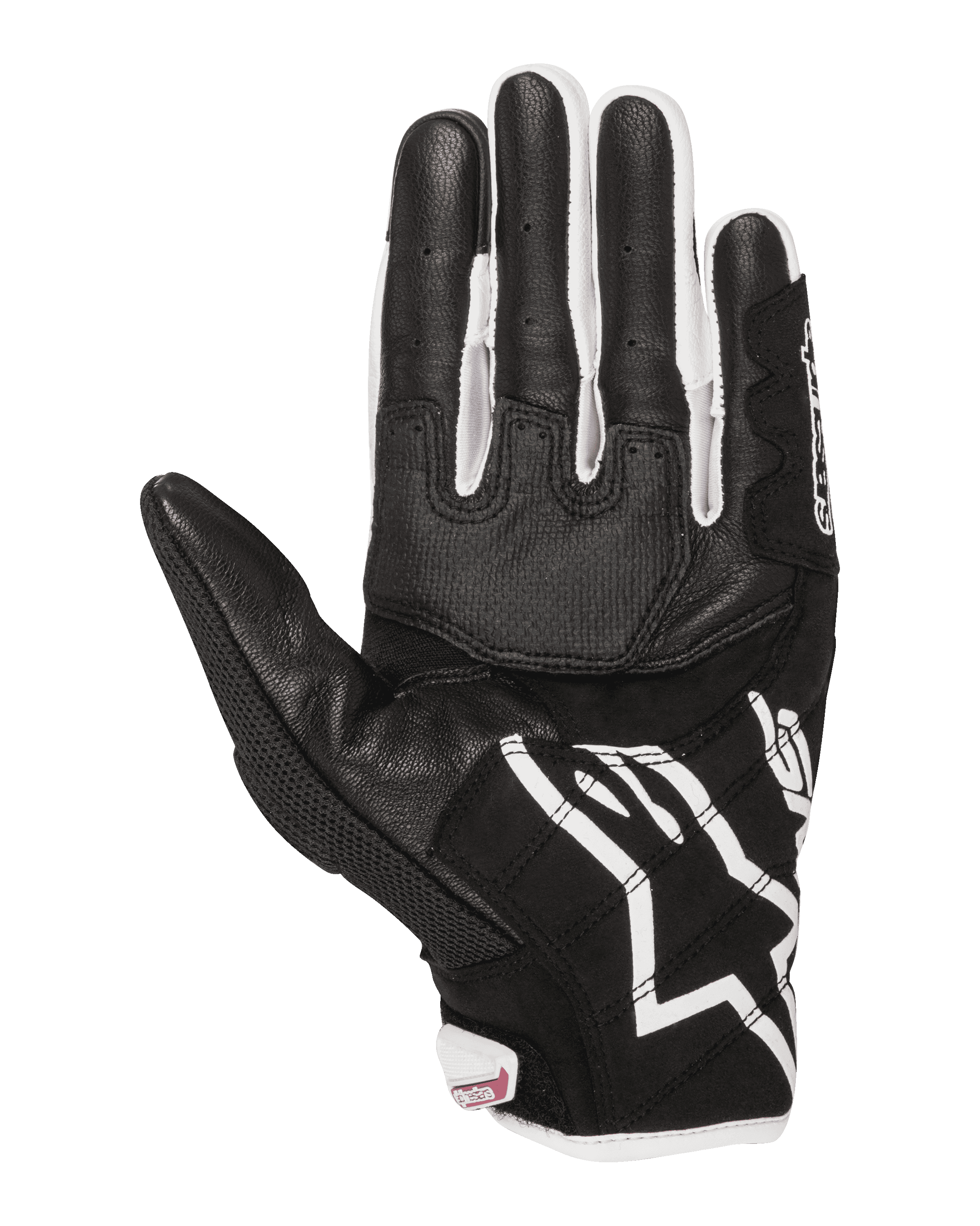 Alpinestars Women Stella SMX-2 Air Carbon V2 Gloves, Motorcycle Gloves, Palm View, Black and White with Fuchsia details, featuring leather and mesh construction with reinforced palm and touchscreen compatible fingertips